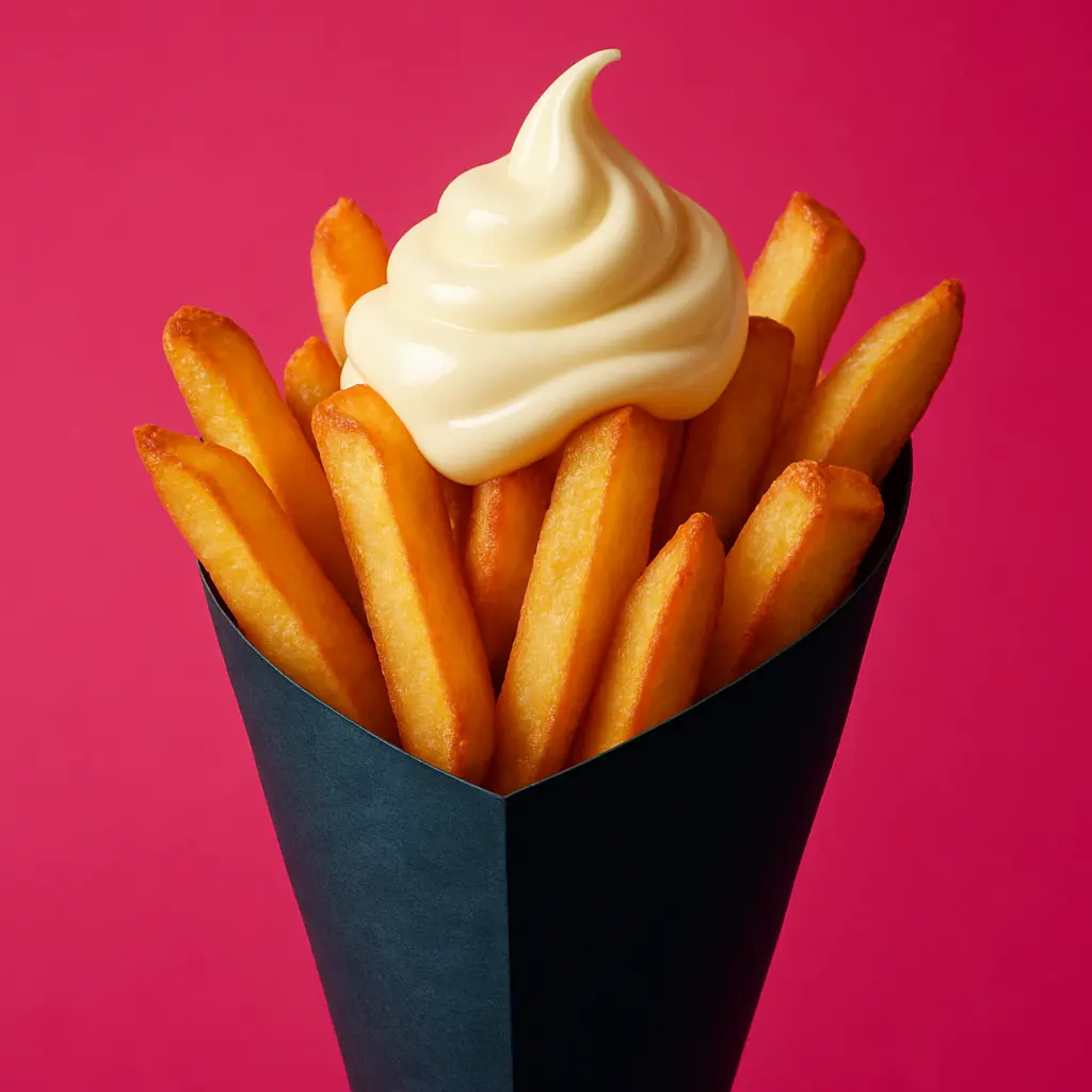 Cornet de frites avec mayonnaise sur un fond tendance