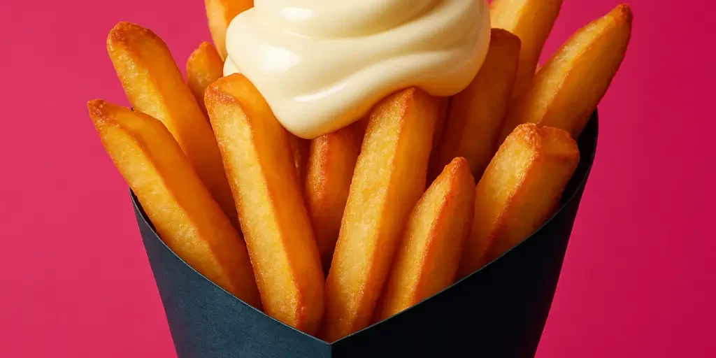 Cornet de frites avec mayonnaise sur un fond tendance